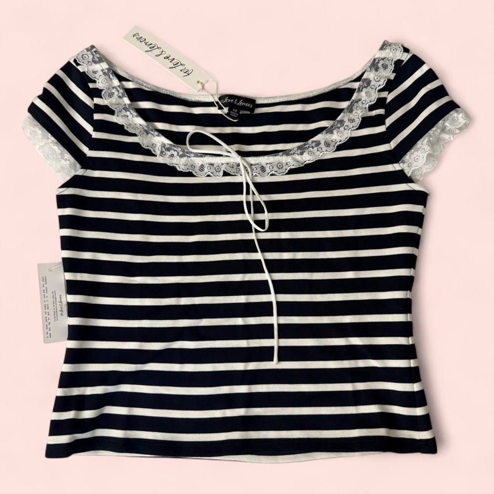 For Love & Lemons Striped Lace Trim Top